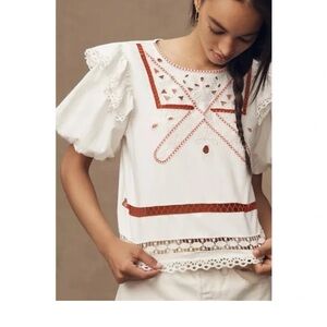 NWOT Anthropologie Embroidered White and Red Women's Top